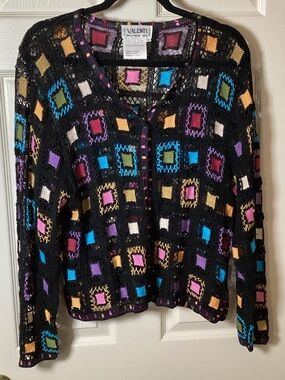 Valenti Black Crochet Cardigan with Multicolor Squares - Size M